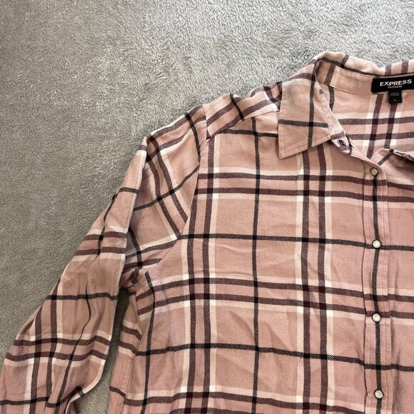 Express Top Large Pink Plaid Flannel Boyfriend Fit Button-Front Shirt Women's - Picture 4 of 14